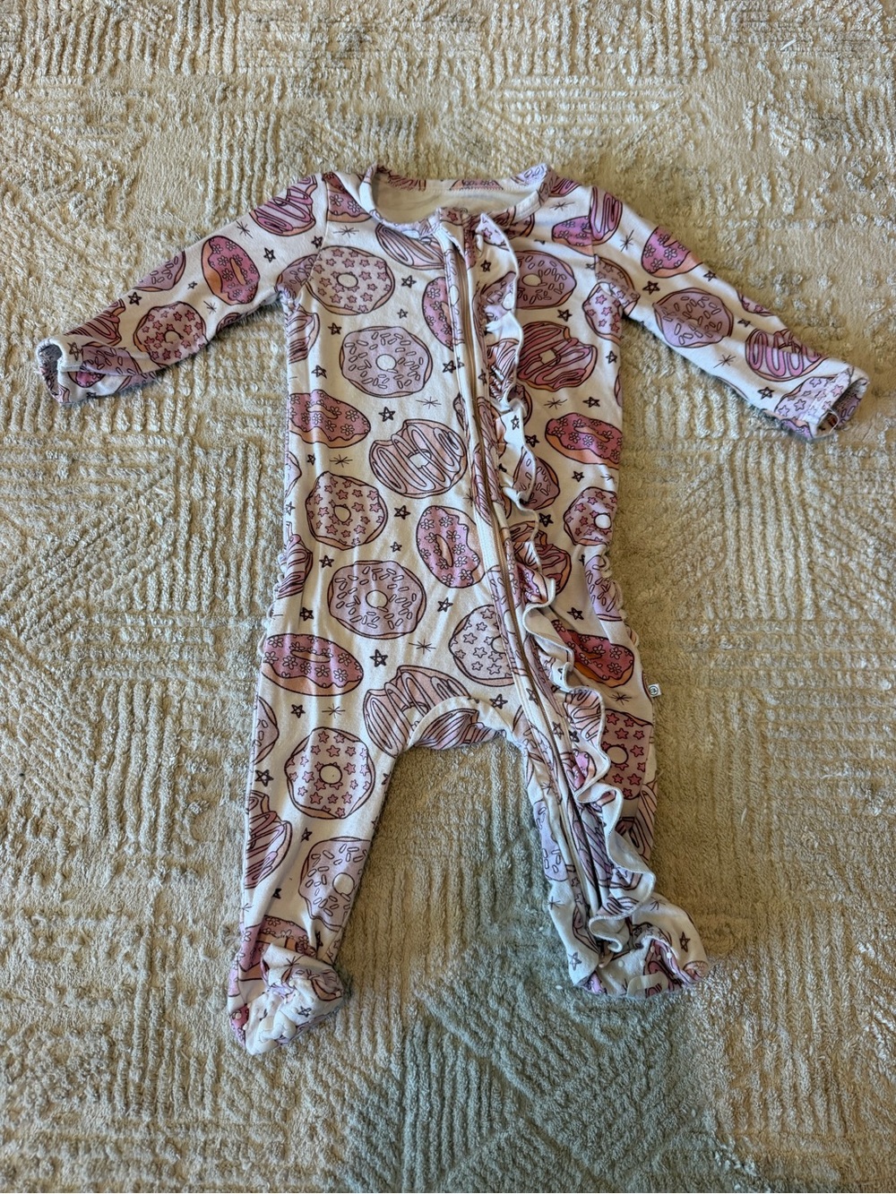 Caden Lane Pink Donut Print Bamboo Ruffle Footie Pajamas 0-3M